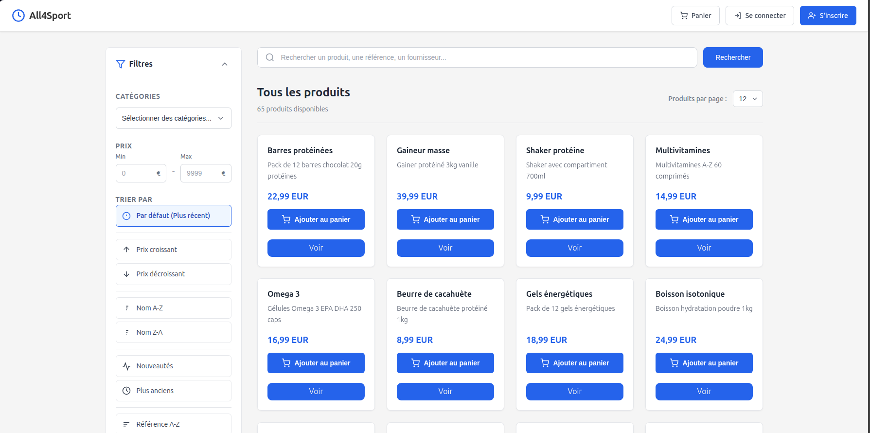 Catalogue produits avec filtres par catégorie, prix et tri, et ajout au panier