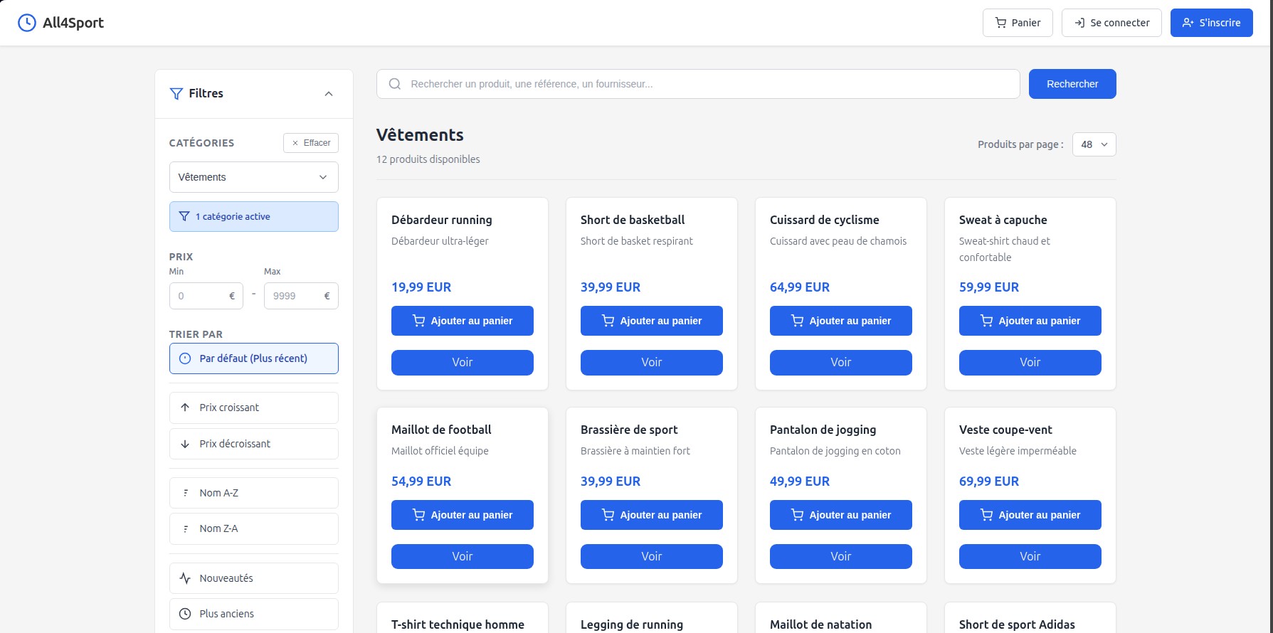 Filtrage par catégorie Vêtements avec les 12 produits disponibles