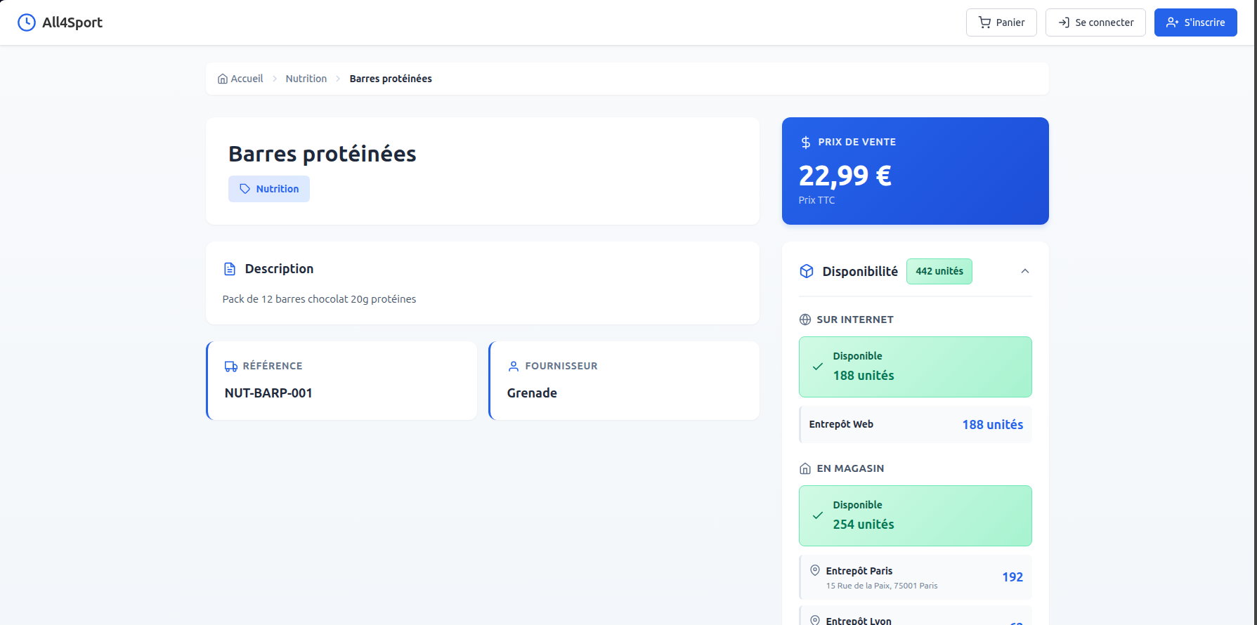 Fiche produit avec disponibilité détaillée : stock internet, stock en magasin et par entrepôt