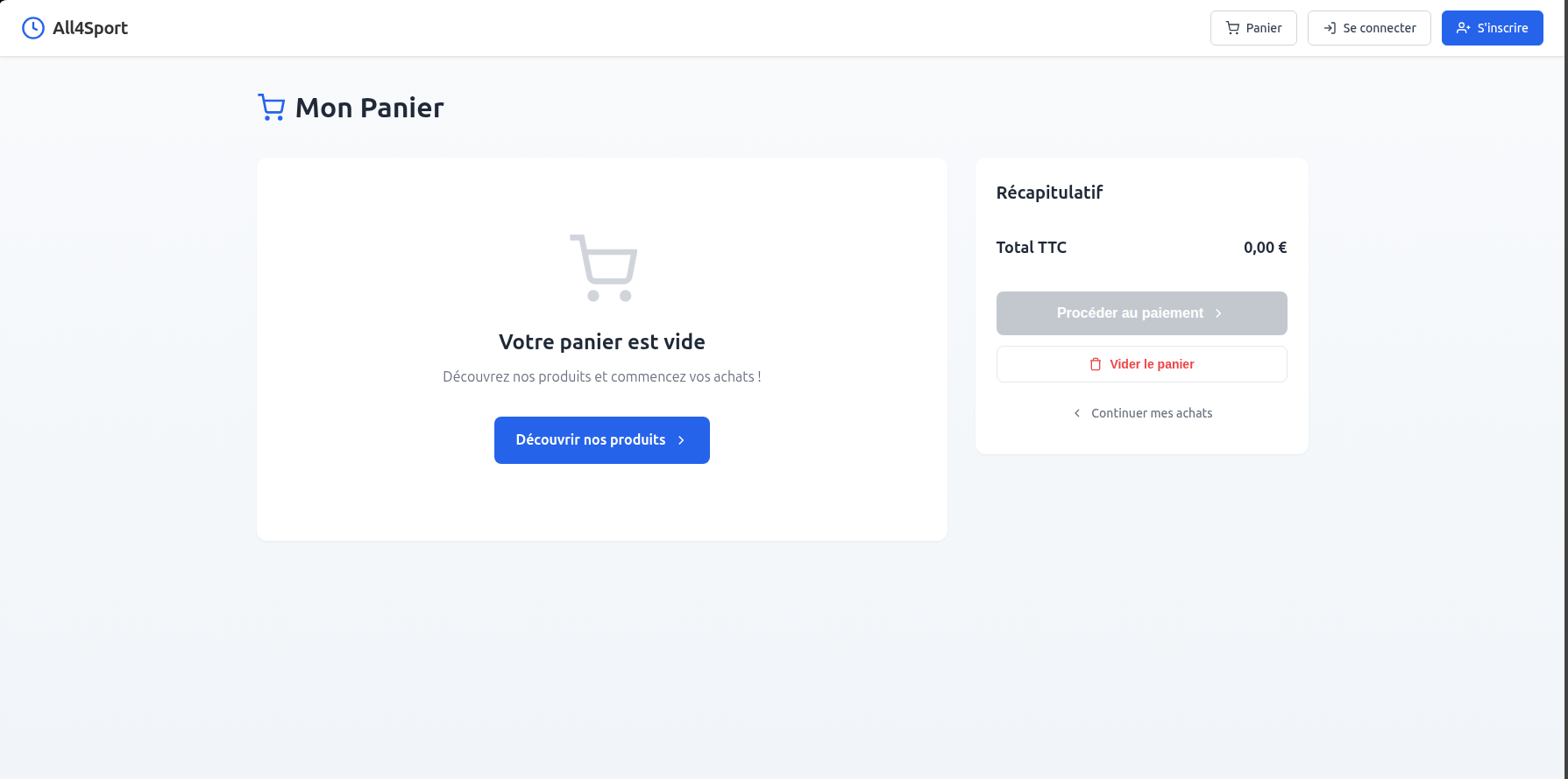 Page panier avec récapitulatif et total TTC, géré en local