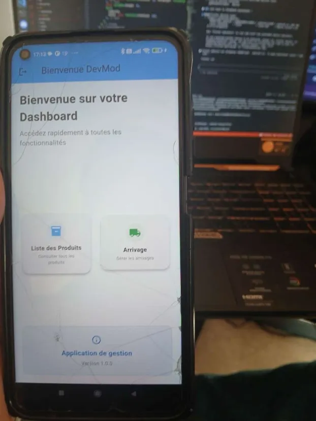 Dashboard principal avec accès à la liste des produits et à la gestion des arrivages