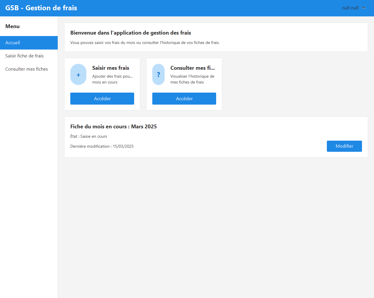 Page d'accueil avec la fiche du mois en cours et accès rapide aux fonctionnalités