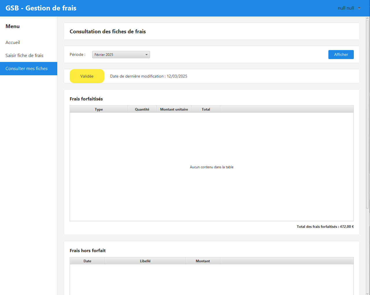 Consultation des fiches de frais par période avec statut de validation et totaux