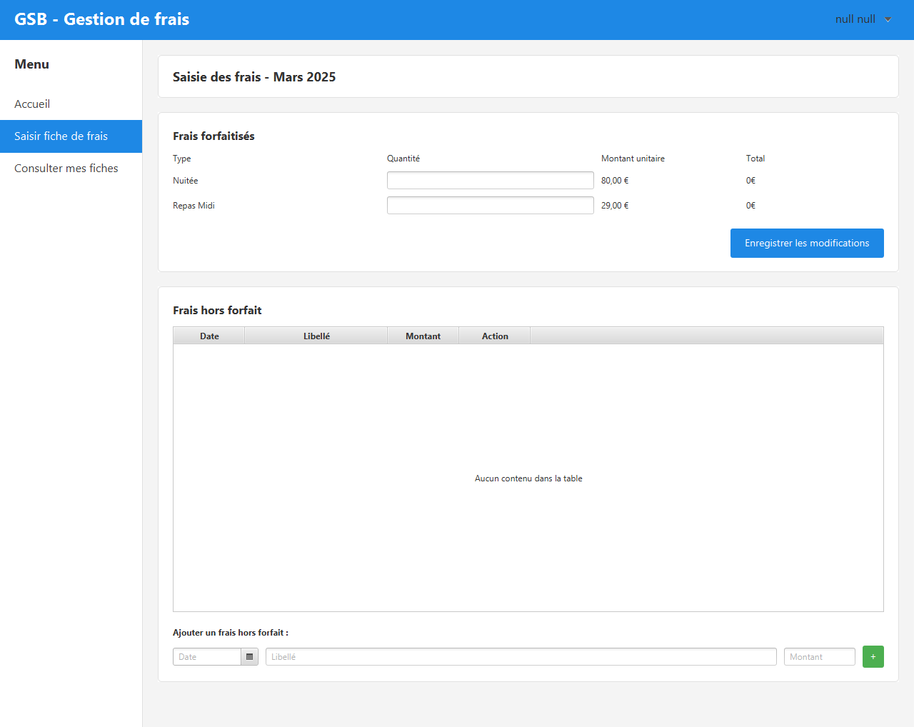 Saisie des frais forfaitisés (nuitées, repas midi) et ajout de frais hors forfait