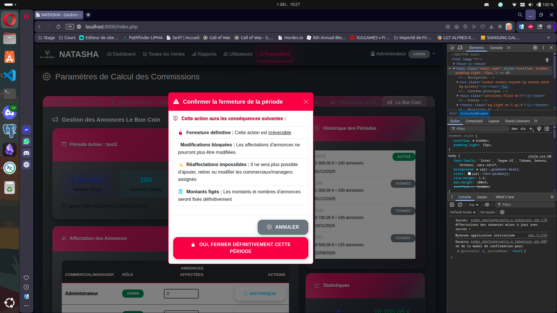 Modale de confirmation de fermeture définitive d'une période de commissions