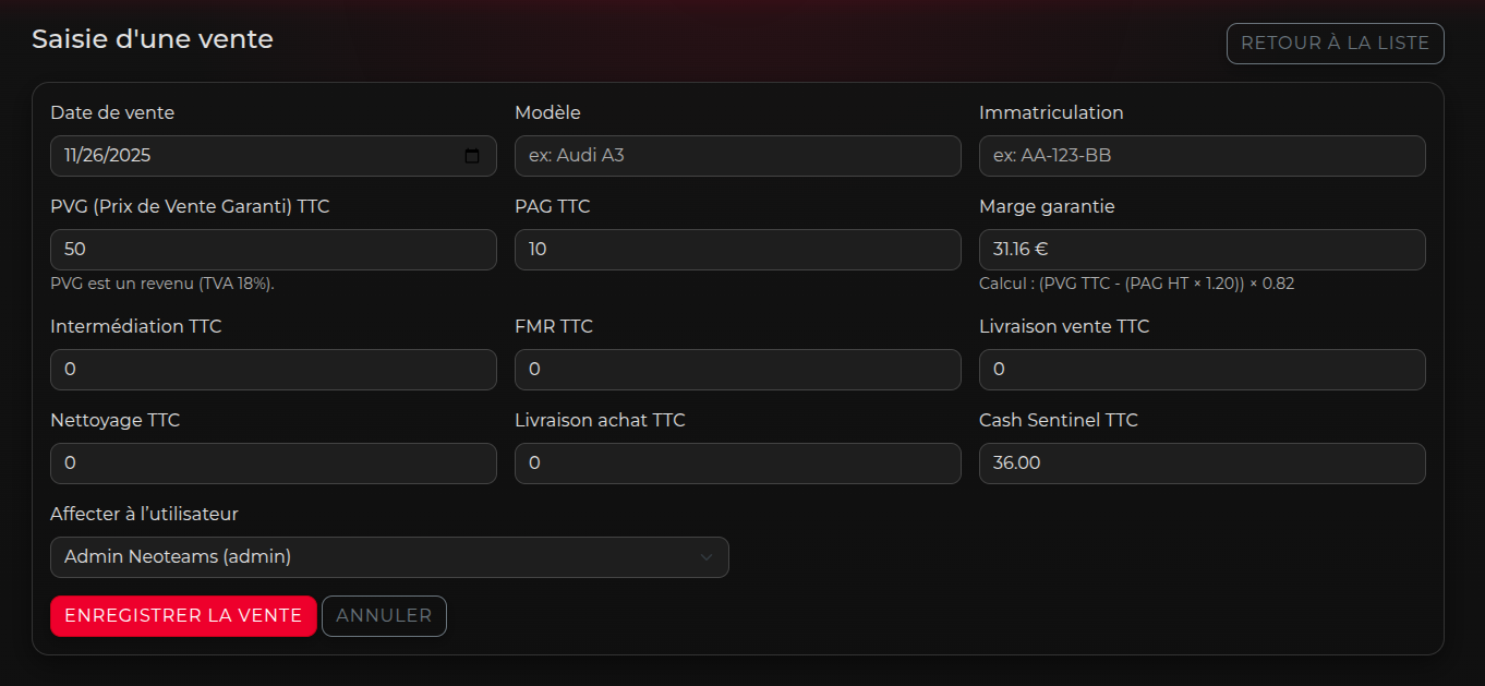Formulaire de saisie d'une vente avec calcul automatique des marges et commissions (PVG, PAG, FMR...)