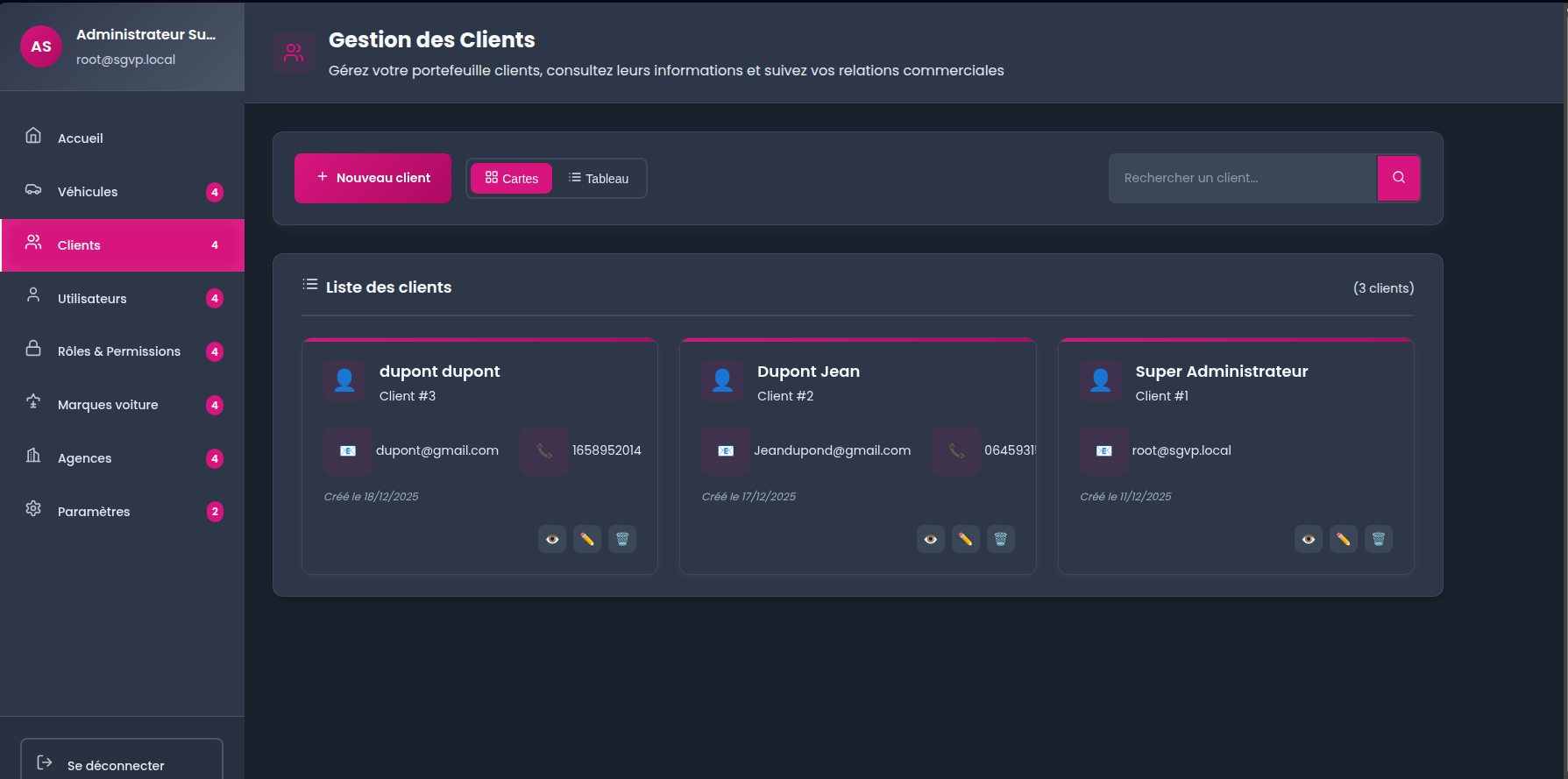 Gestion des clients avec coordonnées et historique
