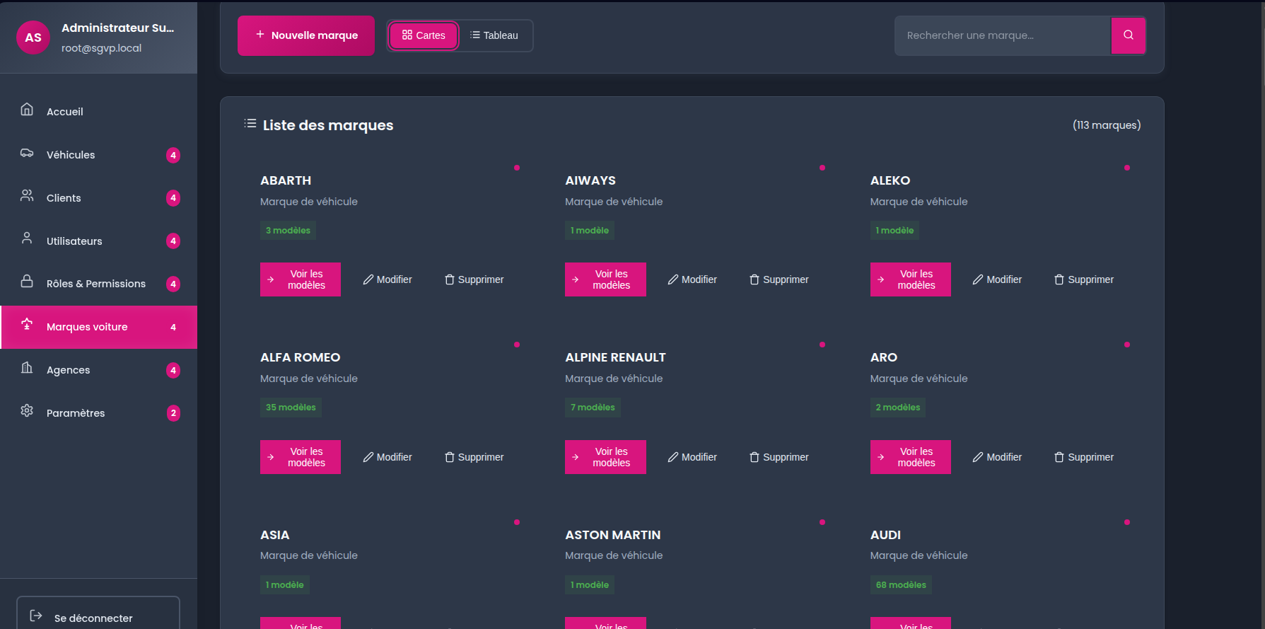 Catalogue des marques de véhicules avec le nombre de modèles associés