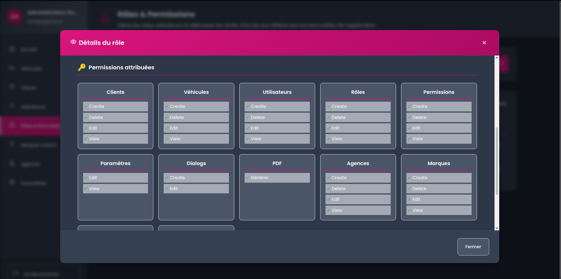 Détail d'un rôle avec toutes les permissions RBAC par module