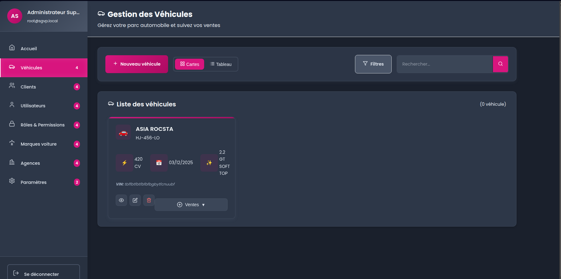 Gestion des véhicules en vue cartes avec filtres et recherche