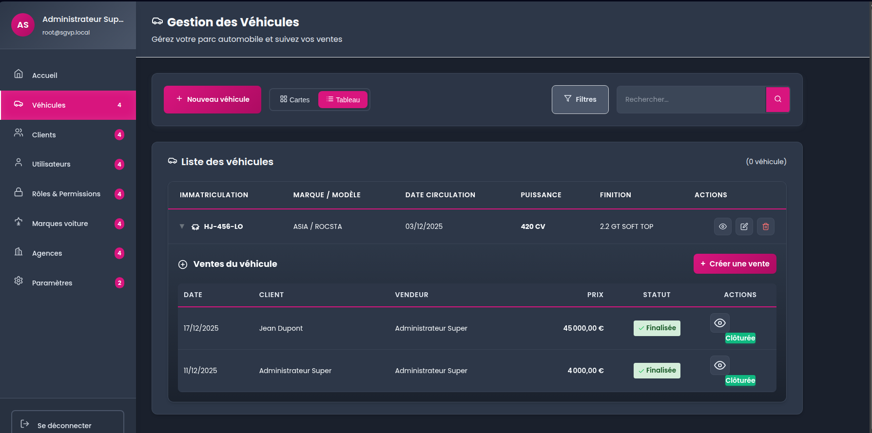 Gestion des véhicules en vue tableau avec le suivi des ventes associées