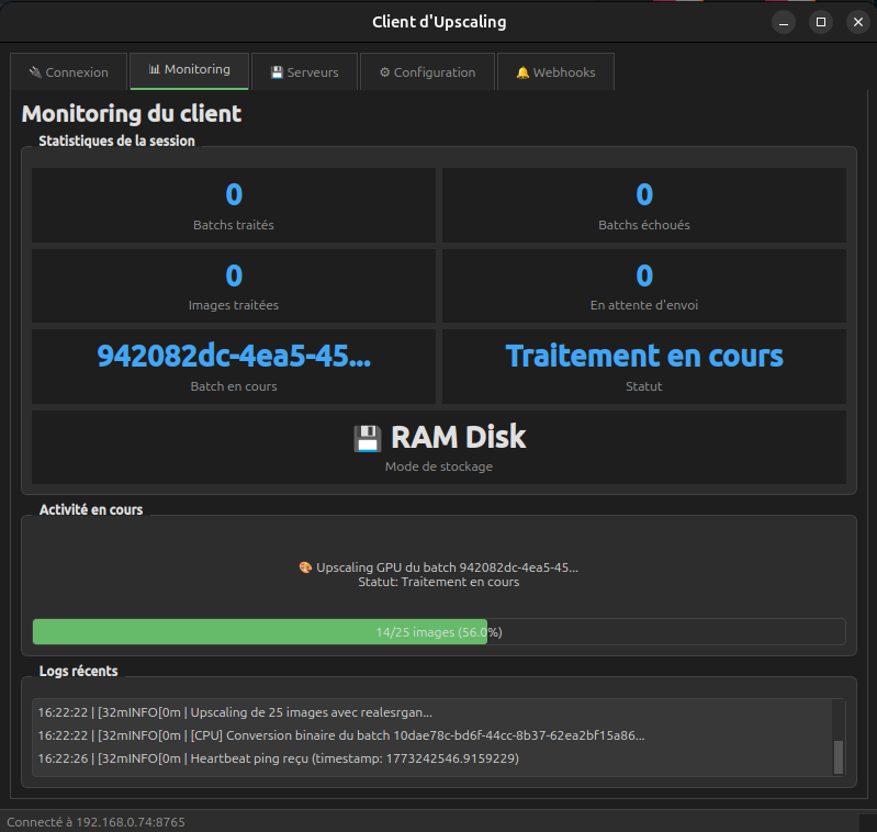 Client en traitement actif : upscaling GPU de 25 images avec barre de progression