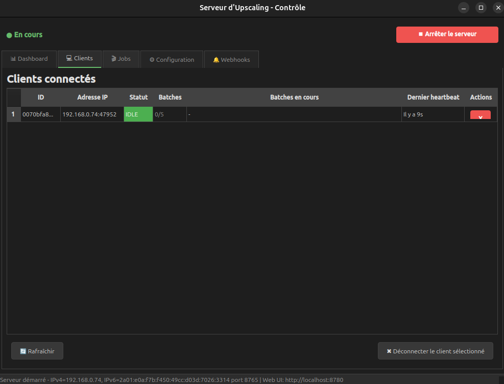 Vue des clients connectés au serveur, ici en attente de traitement (IDLE)