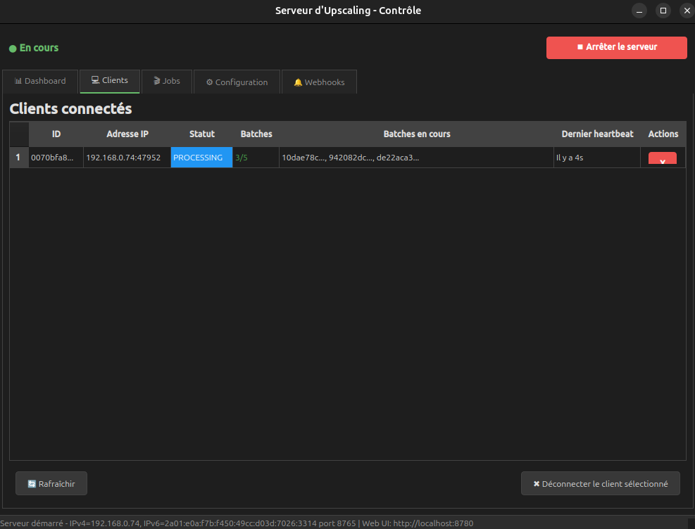 Client en cours de traitement avec 3/5 batchs distribués simultanément