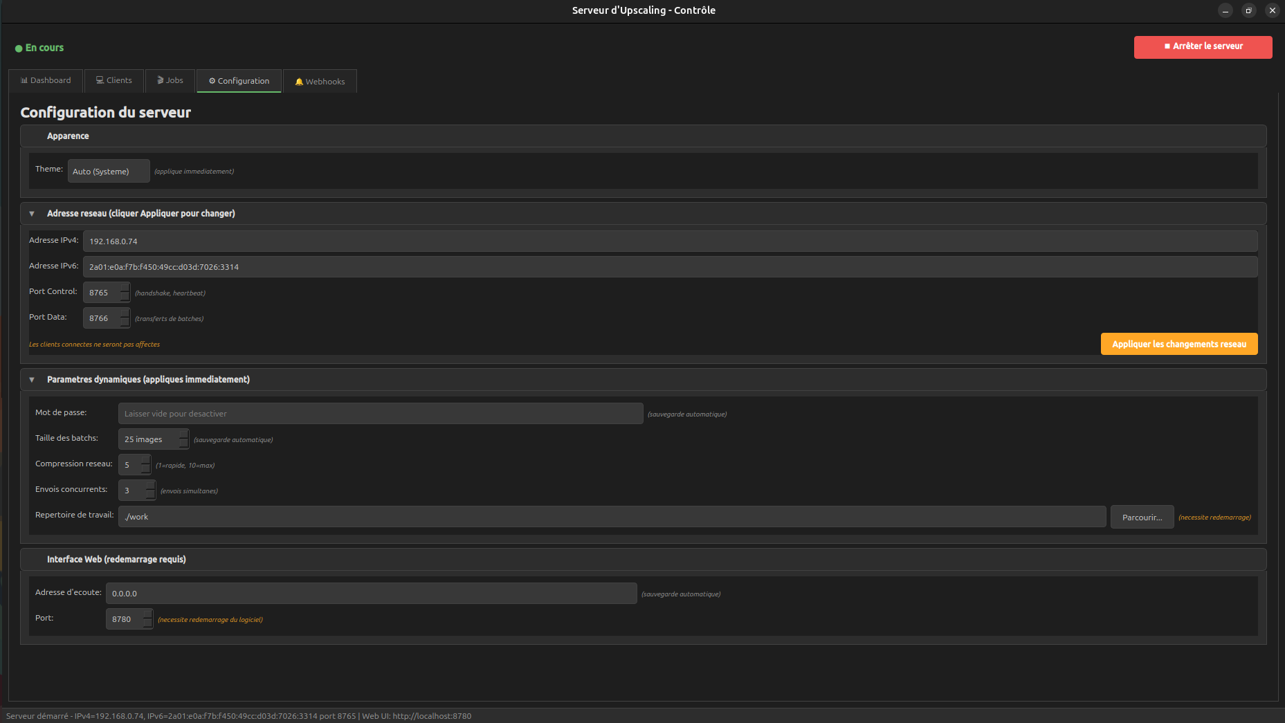 Configuration réseau du serveur avec support IPv4/IPv6, ports et paramètres dynamiques
