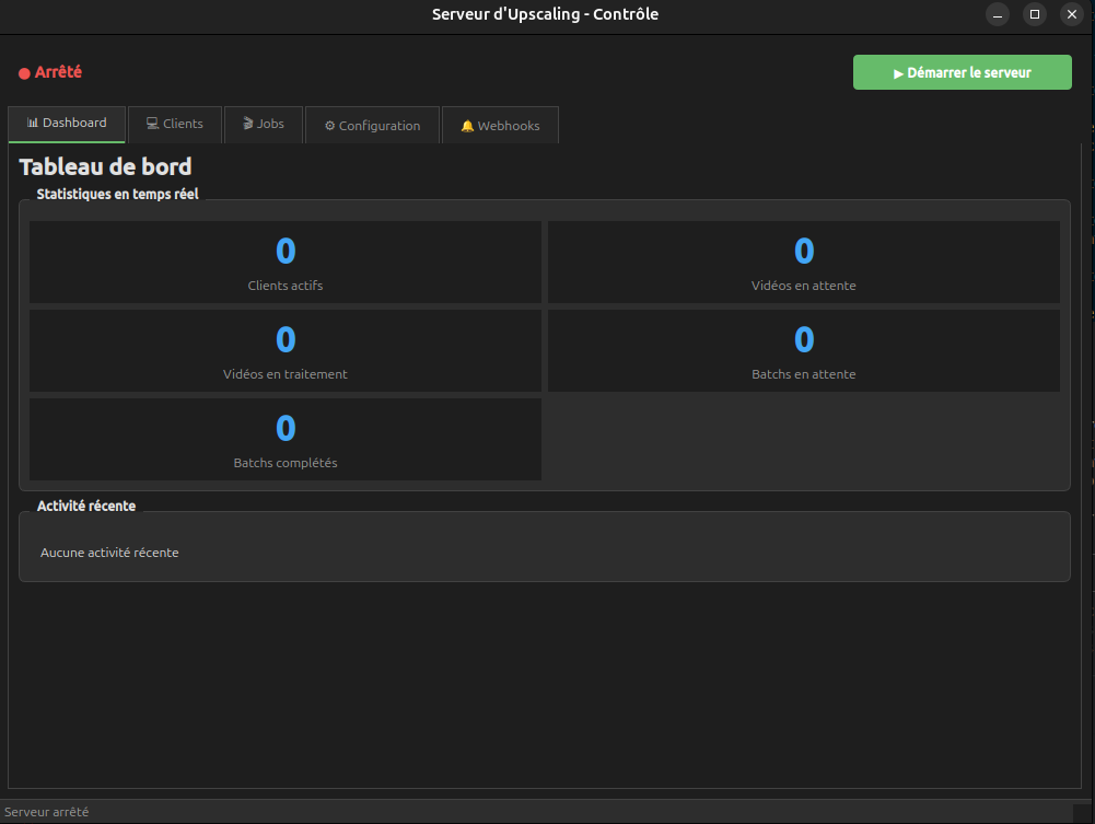 Tableau de bord du serveur avec les statistiques en temps réel (clients, vidéos, batchs)