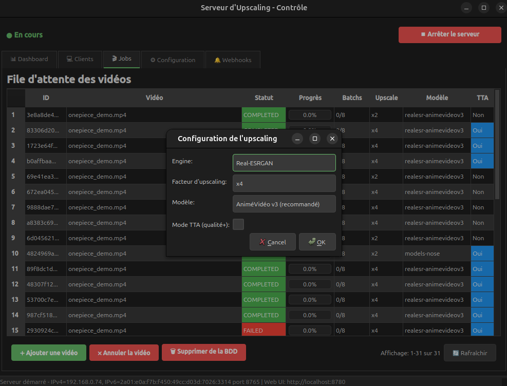 File d'attente des vidéos avec la modale de configuration de l'upscaling (moteur, facteur, modèle)